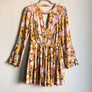 Free People Tegan Floral Mini Dress Long Sleeve Split Wrist Pink Orange Floral 0